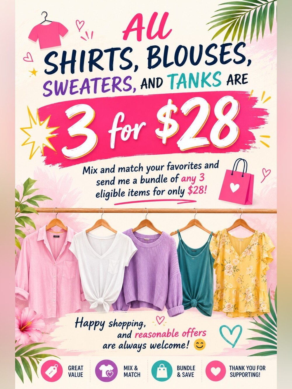 👚 All shirts, blouses, sweaters, and tanks are 💥 3 for $28 💥
